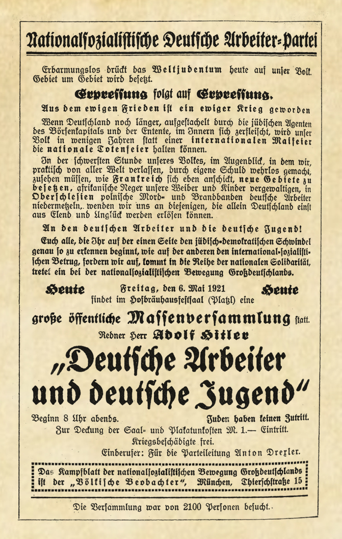 Poster annoucing a speech to the young and workers n Munich's Hofbrauhaus